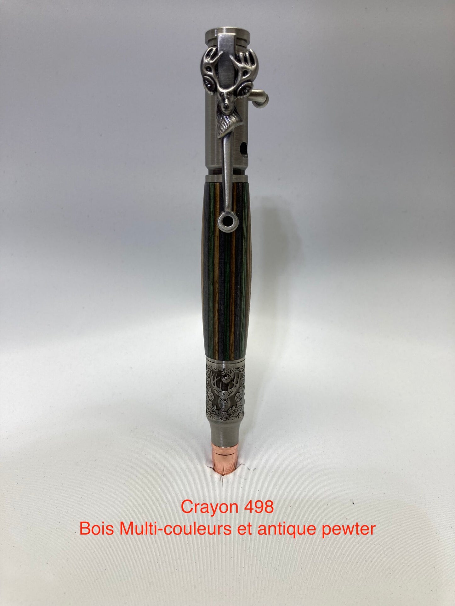 #498 - Tête de chevreuil, bois multi-couleurs et antique étain