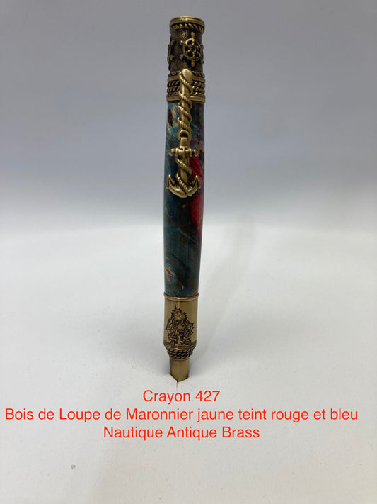 #427 - Nautique, bois de loupe de maronnier jaune teint rouge et bleu et antique brass